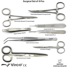Load image into Gallery viewer, VETERINARY SURGICAL SCISSOR MOSQUITO ARTERY PLIERS ADSON COTTON DRESSING TWEEZER SET OF 8