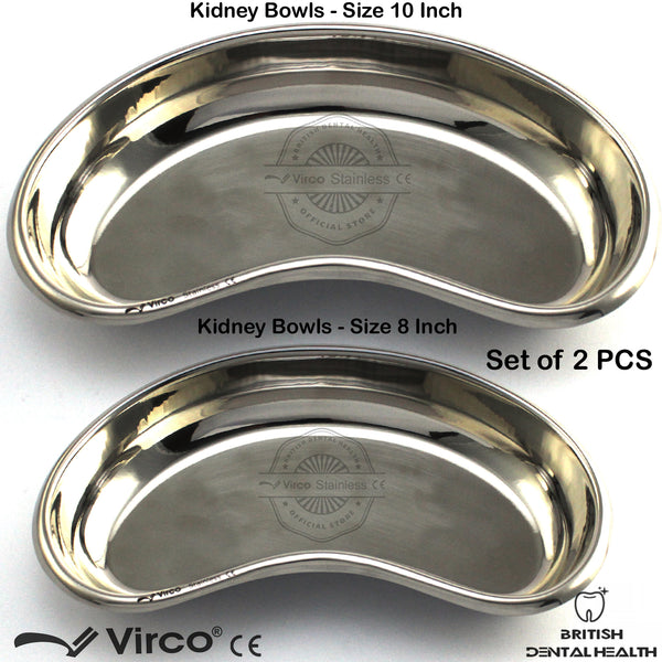 Set of 2 Kidney Trays Bowls 8" & 10" Stainless Steel Dental Surgical Vet Lab