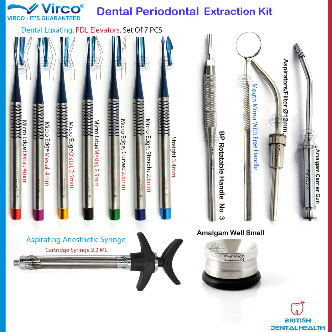 Periodontal Amalgam PDL Elevators Aspirating Syringes Mouth Mirror Kit Set of 7