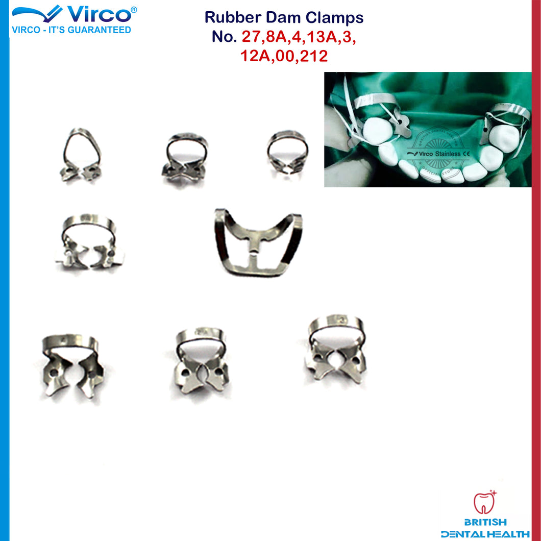 Set 8 Basic Dental Restorative Endodontic Assorted Rubber Dam Clamps