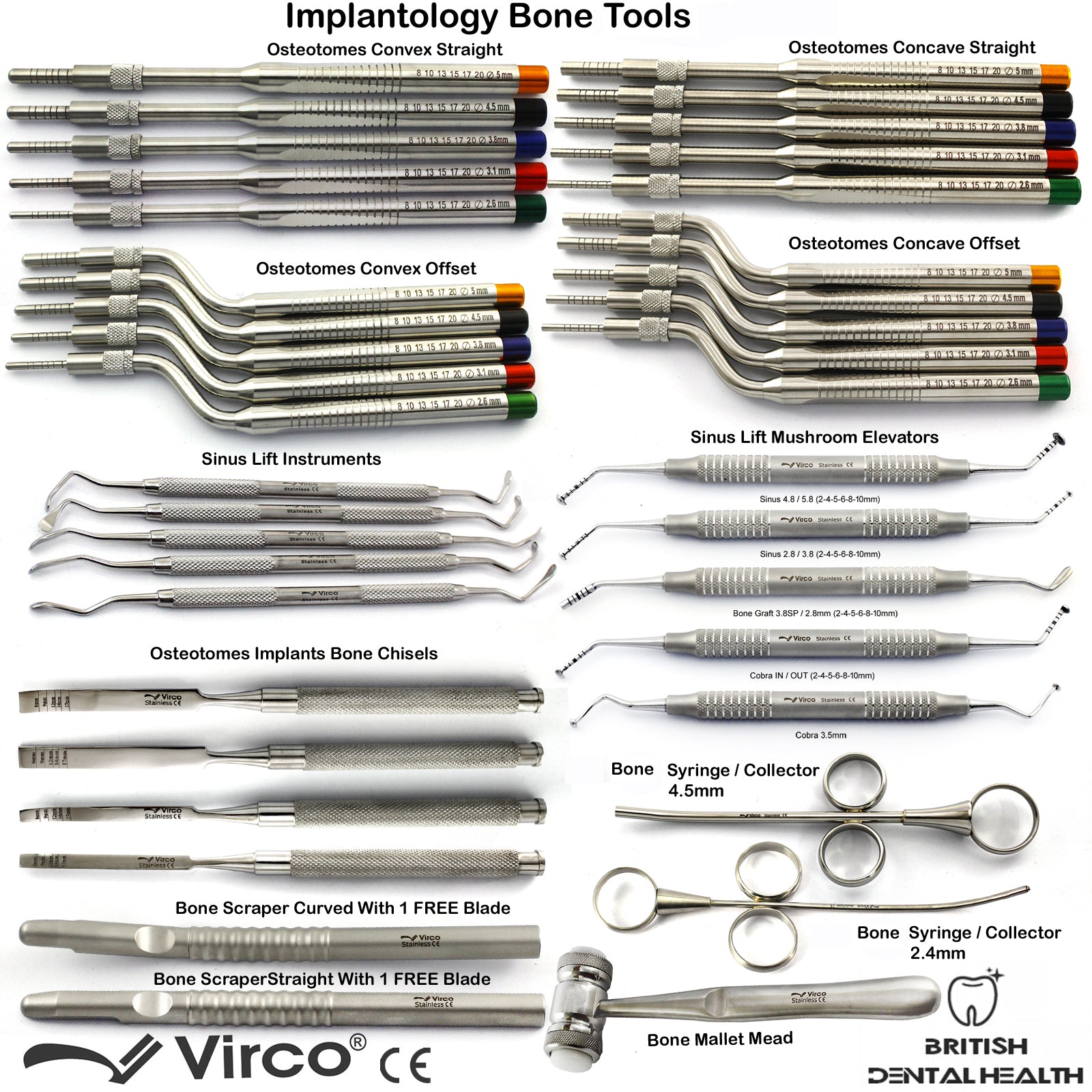 Dental Implant Osteotomes Concave Convex Offset Straight Sinus Bone Ch ...