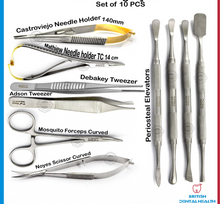 Load image into Gallery viewer, Periosteal Elevator Micro Surgical Kit Noyes Scissors Castroviejo Needle Holder
